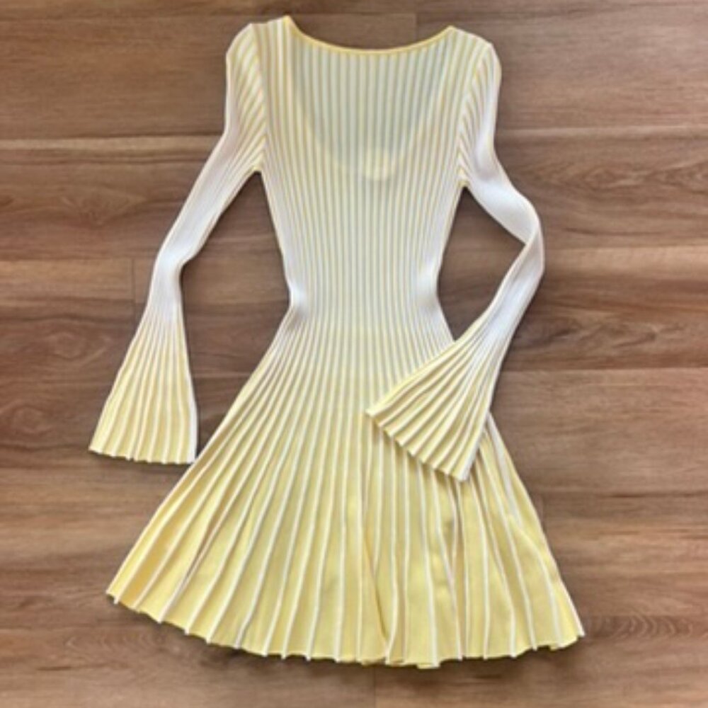 STAUD fit and flare lemon and white long sleeve dress